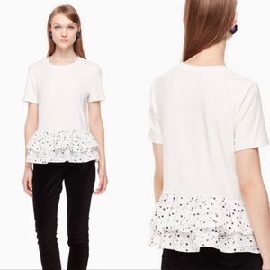 *SOLD* Kate Spade Star Print Peplum Hem White Babydoll Tee Size Medium